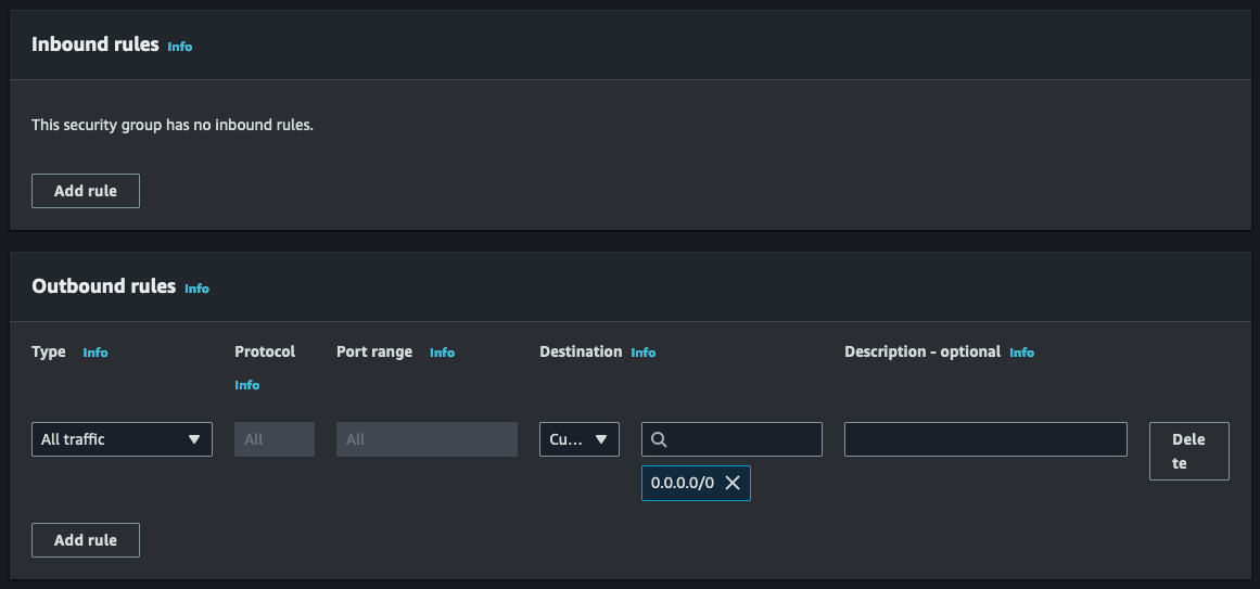 create new security group - inbound and outbound rules